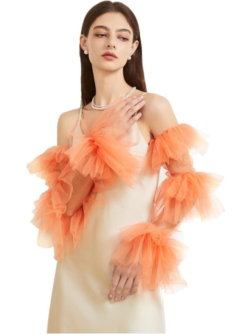 Elegant Long Puff Opera Gloves - Sheer Ruffled Velvet Satin Tulle for Women